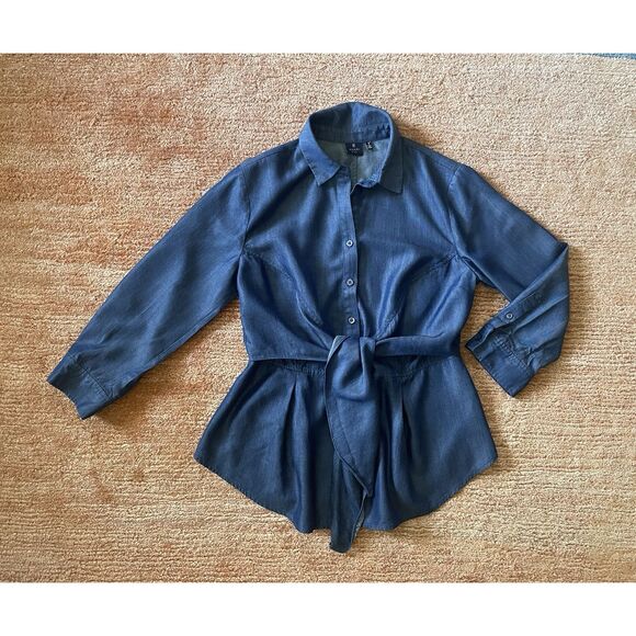 Kaari Blue Women’s Denim Blue Lyocell Button Front Tie Waist Shirt Size S - Picture 1 of 7